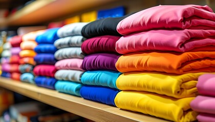 Colorful blank t shirt mockup display retail store apparel showcase indoor environment close-up viewpoint fashion concept