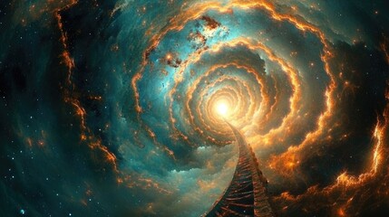 Poster - A radiant spiral staircase of shimmering light reaching upward into a cosmic night sky, symbolizing the ascent toward enlightenment and mystery.