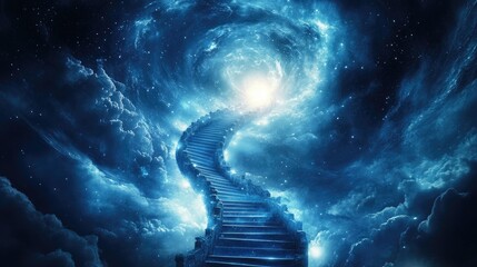Poster - A radiant spiral staircase of shimmering light reaching upward into a cosmic night sky, symbolizing the ascent toward enlightenment and mystery.