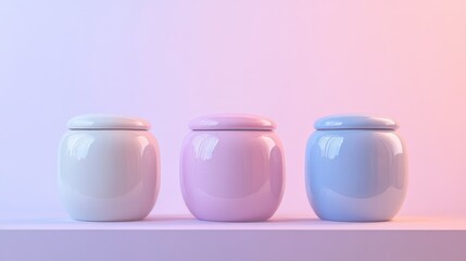 Poster - A refined display of three pastel cream jars in pink, lavender, and blue, set against a subtle gradient background, highlighting their luxurious design.