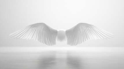 Poster - Ethereal white wings create a serene atmosphere over a tranquil water surface with soft reflections. Generative AI