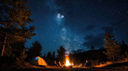 Poster - A serene starry night sky above a campsite, with friends sitting around a crackling fire, reflecting the warmth of human connection in the wilderness.