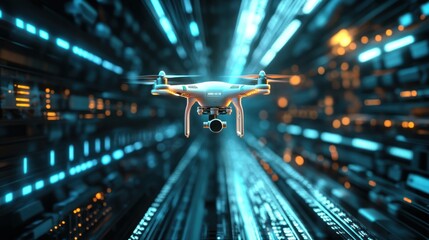 Poster - Aerial Drone Flying Through Digital Data Stream in Futuristic Space