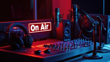 Poster - A sleek modern online radio studio with a glowing red 