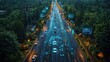 © alva studio - Aerial view of a highway at twilight, with cars connected by a network of digital lines, showing intelligent transportation system.