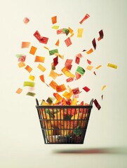 Aufkleber - Colorful candy wrappers soar above a black shopping basket filled with various treat packages in a creative display. Generative AI