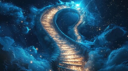 Poster - A spiral staircase made of shimmering light, leading into the starry night sky, evoking a sense of ascension and cosmic mystery.