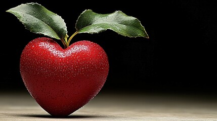 Wall Mural - Red heart with green leaves on dark background.