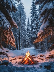 Wall Mural - Campfire in Snowy Forest