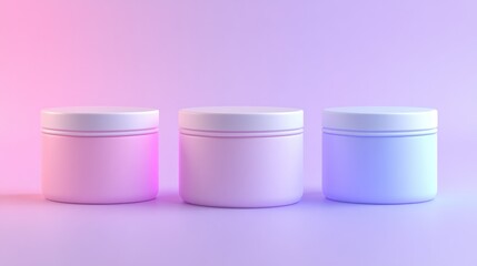 Poster - A stylish set of three minimalistic cream jars in pink, lavender, and blue, neatly arranged on a soft gradient background, glowing with elegance.