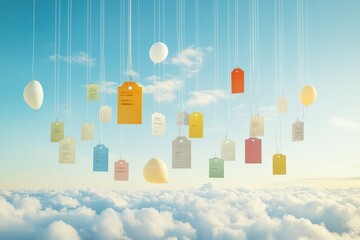 Poster - Colorful tags and balloons float above fluffy clouds in a bright blue sky during daytime. Generative AI
