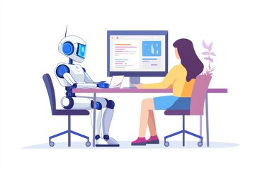 Fototapete - Collaboration between human and robot at a desk on a project with digital tools and clear workspace. Generative AI