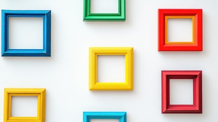 Poster - A vibrant arrangement of brightly colored picture frames on a stark white wall, symbolizing the power of individuality and creative expression.