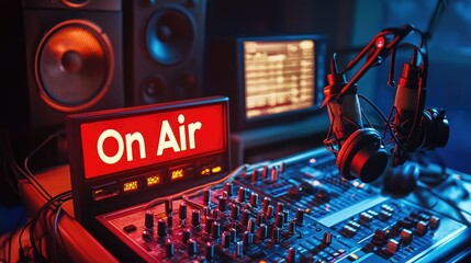 Aufkleber - A vibrant live radio studio featuring a red 