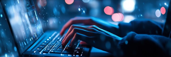 Aufkleber - Night Typing on Laptop, Blue Light, Data Stream, Digital World