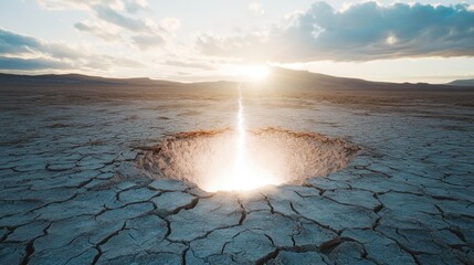 Poster - A white hole breaks through cracked, dry earth, filling the scene with powerful light that contrasts against the barren land.