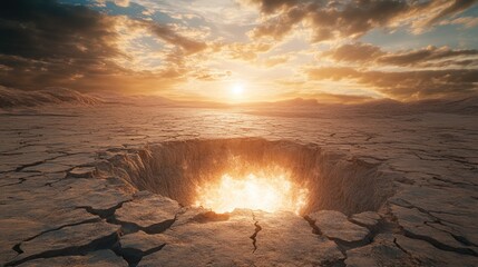 Poster - A white hole breaks through cracked, dry earth, filling the scene with powerful light that contrasts against the barren land.