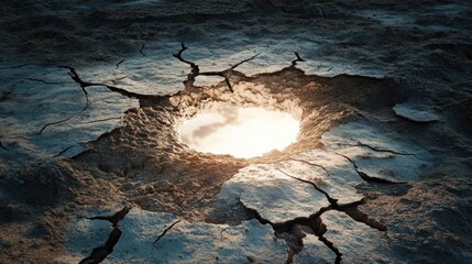 Poster - A white hole breaks through cracked, dry earth, filling the scene with powerful light that contrasts against the barren land.