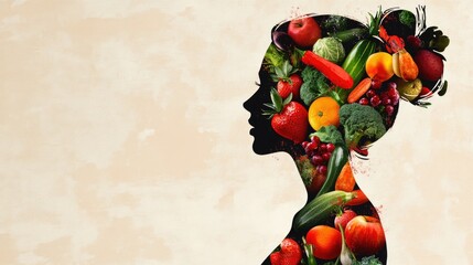 Poster - A woman profile silhouette creatively filled with colorful fruits and vegetables, symbolizing health and nutrition against a soft, neutral background.