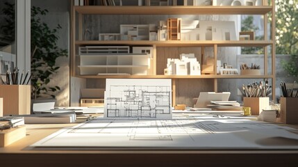 Aufkleber - An architect studio featuring blueprints, 3D renderings, and architectural models, surrounded by design tools and creativity.