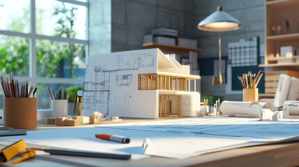 Aufkleber - An architect studio featuring blueprints, 3D renderings, and architectural models, surrounded by design tools and creativity.