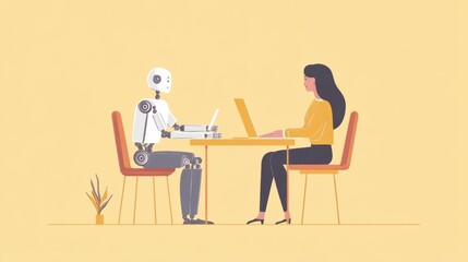 Fototapete - Collaboration between human and robot at a modern workspace desk on a technology project. Generative AI