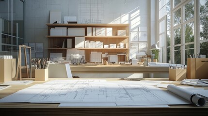 Aufkleber - An architect studio featuring blueprints, 3D renderings, and architectural models, surrounded by design tools and creativity.