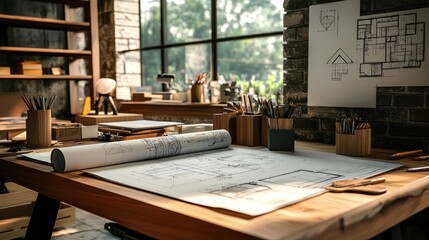 Aufkleber - An architect studio featuring blueprints, 3D renderings, and architectural models, surrounded by design tools and creativity.