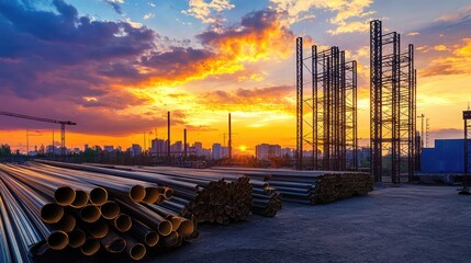 Poster - An industrial scene featuring metallic rods stacked near scaffolding, framed by a colorful dusk sky, combining industry and natural beauty.