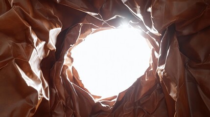 Poster - Brown leather crumples around a bright white hole, with the light piercing through the material and creating a surreal effect.