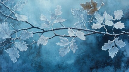Poster - Delicate winter oak branches with frosty leaves, bathed in cold blue light, evoking the frosty stillness of the season.