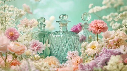 Poster - Elegant glass bottles of different shapes nestled in a bed of pastel flowers, with a soft mint green background enhancing the delicate beauty.