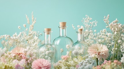 Poster - Elegant glass bottles of different shapes nestled in a bed of pastel flowers, with a soft mint green background enhancing the delicate beauty.