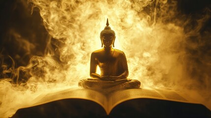 Poster - Golden light shines from the pages of a mystical book, revealing a Buddha figure shrouded in ethereal smoke, creating a tranquil, spiritual scene.