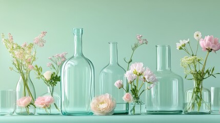 Poster - Graceful glass bottles of varying shapes nestled among pastel flowers, set against a soft mint green backdrop, creating a tranquil and elegant scene.