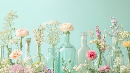 Poster - Graceful glass bottles of varying shapes nestled among pastel flowers, set against a soft mint green backdrop, creating a tranquil and elegant scene.