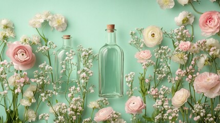 Aufkleber - Graceful glass bottles surrounded by gentle pastel flowers, set against a calming mint green backdrop, evoking a peaceful, sophisticated vibe.