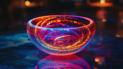 Poster - Vibrant glass bowl illuminated with colorful light patterns in a dark environment. 