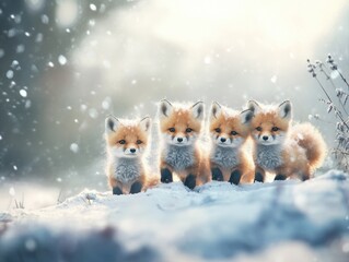 Wall Mural - Foxes on snowy terrain