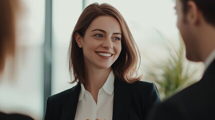 Aufkleber - A cheerful group of professionals dressed in business attire gather in a contemporary office environment, sharing laughter and ideas during a networking event, fostering connections and collaboration