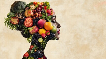 Poster - The profile of a woman, filled with a vibrant mix of fruits and vegetables, showcasing the importance of nutrition on a soft beige canvas.