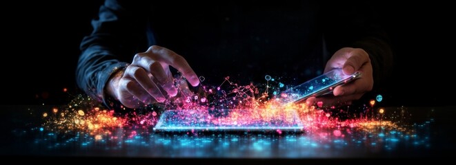Aufkleber - Digital Connection: A Person Interacting with Vibrant Network Data on Tablets and Smartphone