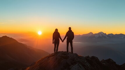 Aufkleber - Two individuals holding hands on a mountaintop at sunrise, gazing towards the horizon, symbolizing a fresh start and the journey of personal growth.