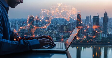 Poster - A Man Working on Laptop with Smart City Network Visualization