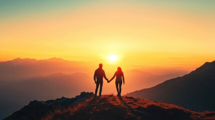 Aufkleber - Two individuals holding hands on a mountaintop at sunrise, gazing towards the horizon, symbolizing a fresh start and the journey of personal growth.