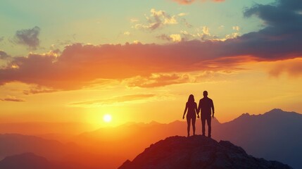 Aufkleber - Two people standing hand in hand on a mountaintop at sunrise, watching the sky change, representing the start of a new journey and personal growth.