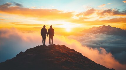 Aufkleber - Two people standing hand in hand on a mountaintop at sunrise, watching the sky change, representing the start of a new journey and personal growth.