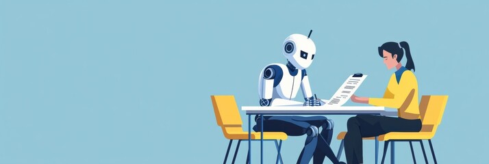 Fototapete - Collaborative project work between a human and a robot at a modern workplace. Generative AI