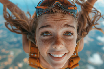 Fototapete - Funny skydiver flying in sky with parachute ai generative image