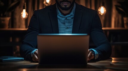 Poster - Professional Man Reviewing Charts and Graphs on Laptop in Business Environment at Night